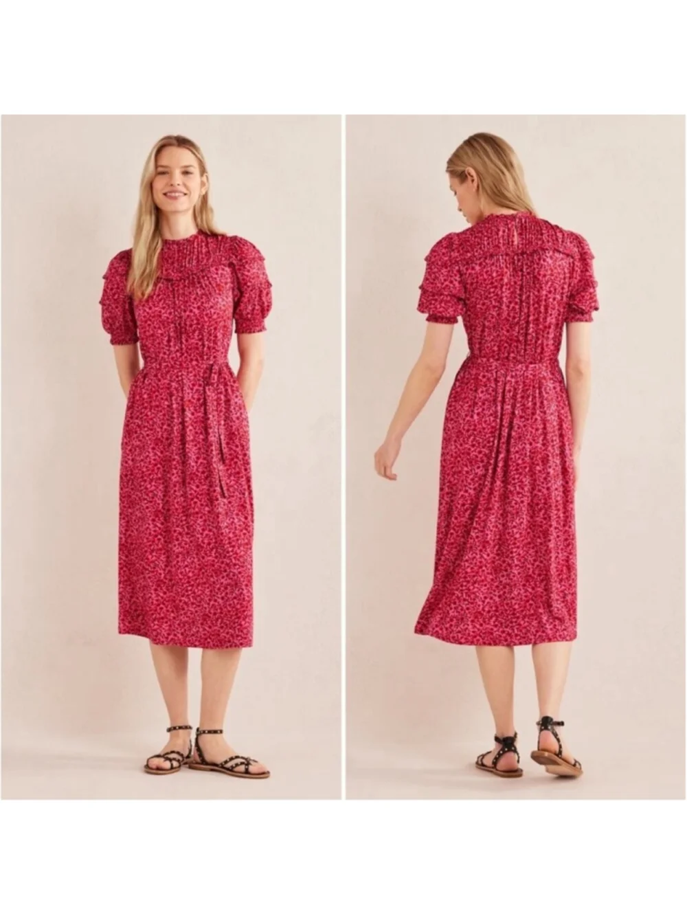 Boden Pink Red Yoke Detail Jersey Midi Dress in Gin Fizz Abstract Vine Size 8L - Picture 3 of 16